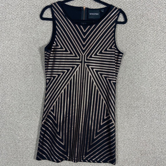Minkpink Vanishing‎ Point Mini Dress Large Black Gold Patterned Print Bodycon - Picture 1 of 12